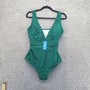 Cupshe Swimsuit Womens 0X Green Scallop Trim One-Piece Plunge Neck *NWT*
